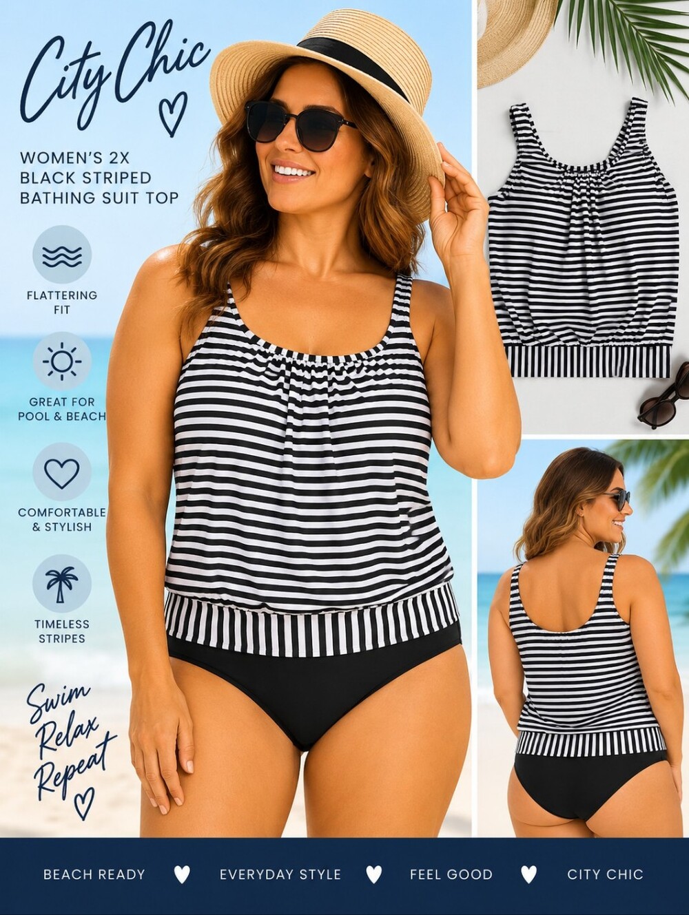 Chic Women's 2X black striped bathing suit top #21